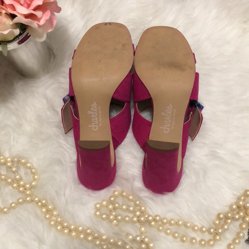 CHARLES DAVID • Gorgeous Pink Open Toe Pumps with Colorful Buckle Detail Accent - Picture 7 of 13